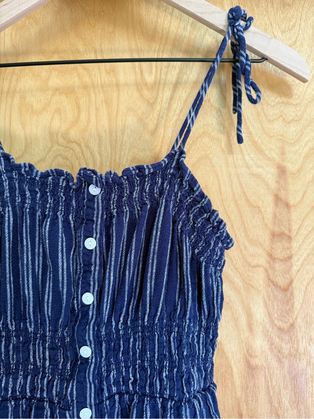 Small Blue & White Striped Smocked Button Summer Dress Tie Straps Linen Blend